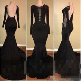 Evening Sexy Black Long Sleeves Dresses Backless Scoop Neck Illusion Bodice Lace Applique Beaded Formal Ocn Wear Prom Gown