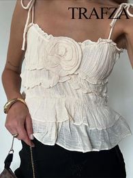 Women's Tanks TRAFZA Women Fashion Chic Flower Decoration Ruffled Sexy Crop Top Female Sweet Off Shoulder Lace Up Sleeveless Tank Tops Y2K