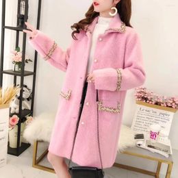 Women's Knits Women Woollen Coat Autumn Winter 2024 Mid-Long Imitate Mink Velvet Sweater Single-Breasted Fashion Female Lapel Collar Outerw