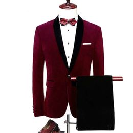 Formal Piece Solid Suit Red Veet 2- Peak Lapel Groom Wedding One Button Handsome Suits For Men s