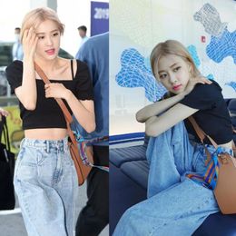 Women's Jeans Kpop Celebrity ROSE The Same Summer High Waist Wide Leg Loose Straight Women Streetwear Fashion Denim Pants