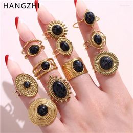 Cluster Rings HangZhi Black Natural Stone Chunky Ring Stainless Steel Gold Color Irregular Bohemian Vintage Jewelry For Women 2024