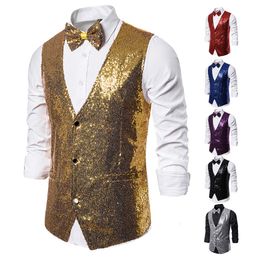 Rainbow Sequin Sparkling Waistcoat Male Slim Fit V Neck Paillette Vest Mens Club Party Wedding Prom Costume for Singers Dancers 210522