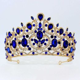 Headbands Baroque bridal headwear blue womens wedding dress crown large crystal Tiara Miss Universe Pegian hair accessories Diadem jewelry Q240506