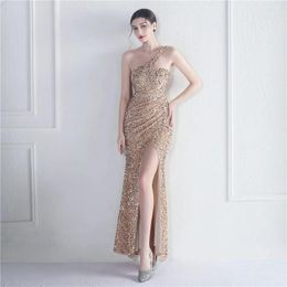 Casual Dresses Partysix Gold Elegant Slash Neck Light Blue Sequin Evening Dress Women Strap Party Maxi Long Prom