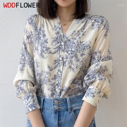 Women's Blouses Women Silk Shirt Mulberry Crepe White Floral Printed V Neck Buttons Down Long Lantern Sleeve Top Blouse M L XL M1129