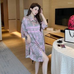 Women's Sleepwear 2024 Ice Silk Nightdress Summer Plus Size Loose Sexy Thin Boyfriend Style Shirt Collar Sleeve