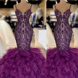Long Purple Dresses Lace Evening Appliques Mermaid Layered Ruffles Tiered Tulle Spaghetti Straps Floor Length Formal Party Dress Prom Gowns 0510