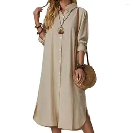 Casual Dresses Women Short Sleeve Dress Elegant Women's Long Shirt With Lapel Collar Button Placket Loose Cotton Linen For Ladies