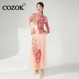 Work Dresses COZOK 2024 Trend Beautiful Set Casual Women Half High Neck Slim T-shirt Top Print Mid-Calf Skirt Pleated Two-Piece Sets WT920