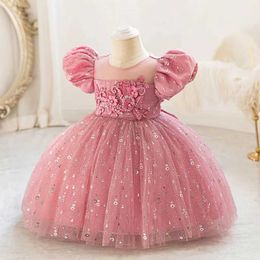 Girl's Dresses Shiny Toddler Baby Little Girls Puff Sleeves Embroidered Flower Girl Birthday Party Pageant Formal Dress