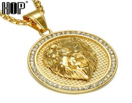 HIP Hop Ice Out Gold Color Titanium Stainless Steel Pave Rhinestone Lion Head Pendants Necklaces for Men Jewelry Y2009189603020