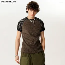 Men's T Shirts INCERUN Tops 2024 Handsome Hollowed Patchwork Suede Design T-shirts Casual Well Fitting Male Short Sleeved Camiseta S-5XL