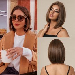 Hair Products Lace Front Synthetic Wigs Short Straight Brown Bob Hair Middle Parted Hairline for Cosplay Daily Use Natural Fiber Wig
