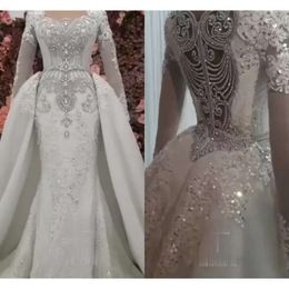 Boncuklu Elbiseler Kristaller Denizkızı Düğün Gelin Elbise Overkirt Taraklı V Boyun Uzun Kollu Özel Yapım Artı Boyutlu Süpürme Tren Vestido De Novia Estido