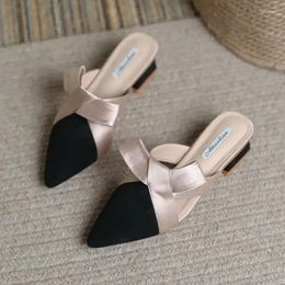 Slippers Shoes For Women Slides Sandals Heeled Woman Pointed Toe Outside Job With Bow Black Mules Fashion Sale Natural Skin