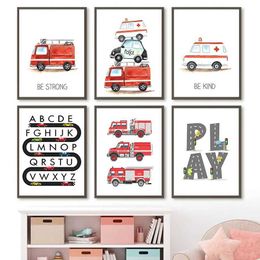 papers Alphabet Education Ambulance Fire Truck Nursery Wall Art Nordic Posters Canvas Painting and Prints Wall Pictures Child Room J240505