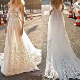 Abiti da sposa da sposa da sposa boho splendido abito con spalline spaghetti spazzare treno in pizzo applique personalizzato creata sexy illusion illusione corpi spiaggia vestidos de noni