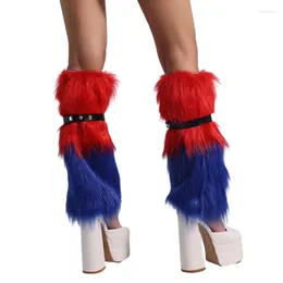 Women Socks Y2K Plush Leg Warmer With Garter Belt Punk Colorblock Furry Cover Sock