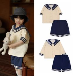 Baby Boys and Girls Clothing Set Sailor Collar Soft Cotton Fashion Baby Navy Blue Uniform Baby Clothing 240428