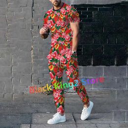 Men's Tracksuits New Northeast Big Flower Design Clothing Chinese Style Mens Short Slve Tshirt Trousers Suit Two-piece Set Fashion Strtwear T240505