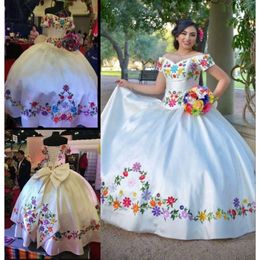 Off The Quinceanera Dresses White Shoulder Satin Colorful Embroidery Flowers Lace Up Bow Floor Length Sweet 16 Birthday Ball Gown Vestido