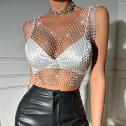 Women's T Shirts Women Sexy Rhinestone Crop Top Summer Beach Vacation Party Club Mesh High Elastic V-neck TShirt See Through Diamond Tank