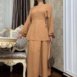 Ethnic Clothing 2024 Middle East Arab Women Muslim Sets Fashion Lace-up Long Sleeve Shirt Skirt Casual Suit Islam Modest