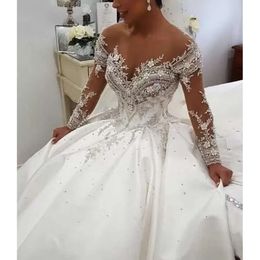 Ballgown Wedding رائع الأكمام الطويلة فساتين الزفاف ثوب الزفاف القطار بالخرز البلورات الدانتيال من الدانتيل مخصص