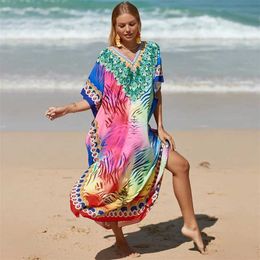 Women Beach Wear Vintage Bohemian Print Beach Dresses Women Sun Protection Cover-ups Loose Long Robe Female Blouse Summer Vacation Basic Swimsuit Y240504