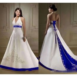 Royal Vintage rote Kleider blau dunkle Elfenbein Eine Linie Halftersticker Spitze applizziert Perlenkristallknöpfe Hochzeit Braut Kleid verwendet