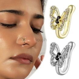 Body Arts Charm Crystal Rhinestone Butterfly Fake Piercing Nose Jewellery Nose Women Non-perforated Clip Septum U-shaped Pierce d240503
