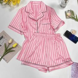 Womens Pyjamas Sets Spring Autumn 2 Piece Print Striped Pyjama Faux Silk Satin Sleepwear Short Sleeve Pijama Mujer Pjs Homewear 240428