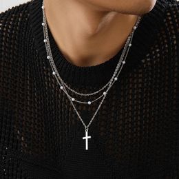 Pendant Necklaces Imitation Pearl Beads Chain With Cross Necklace Men Trendy Layered Chains Accessories On Neck 2024 Fashion Jewellery Male