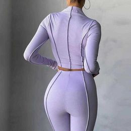 Womens Two Piece Pants Womens long sleeved tight fitting jumpers autumn bright line decoration buttocks enhancement womens track and field clothing crop top sexy c