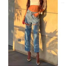 Women's Jeans Diamond Hollow Out Women Zipper Blue Loose Straight Trousers Lady 2024 Spring Summer Casual Fashion Streetwear Pants