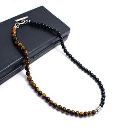 Choker Natural Tiger Eye Stone Men Bead Necklace Mixed Black Stainless Steel Surfer gifts For Him JS031755464