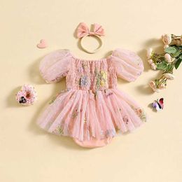 Girl's Dresses Newborn Toddler Baby Girl Romper Headband Outfit Flower Embroidery Romper Jumpsuits Tutu Dress Summer Clothes 0-24M