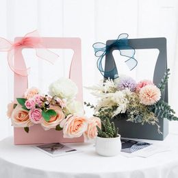 Gift Wrap Double Sided Waterproof Kraft Paper Portable Flower Basket Bouquet Handle Cardboard Box Creative Packaging