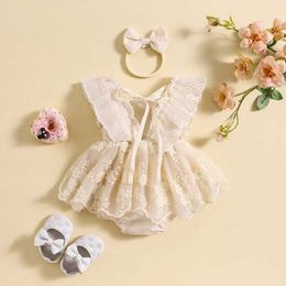 Girl's Dresses 0-24M Infant Newborn Baby Girls Rompers Dress Lace Flower Embroidery Skirt Hem Bodysuits Summer Clothes with Headband Sets