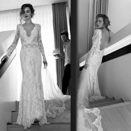 Syrenka 2021 Seksowne sukienki koronkowe bez pleców głębokie V Neck Długie rękawy długość podłogi Niestandardowe suknia ślubna Vestido de novia estido