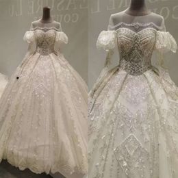 الزفاف الرائع ثياب زفاف البالغاون ثوب طويل الأكمام طول الأرضية من البلورات المزينة بالتطريز مخصص