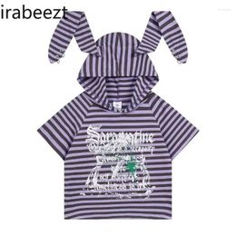 Women's T Shirts Striped Ears Hooded Short Sleeve T-shirt Female Summer Sweet Cool Cute Feminist Clothes Ropa De Mujer Loose Hoodie