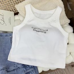 Women's Tanks Women 2024 Cotton Elastic Crop Tops Design Print Letter Tank With Bra Pad Sports Knit Sleeveless Casual Camis Summer