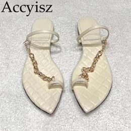 Slippers Summer Genuine Leather Clip Toe Women Solid Colour Metal Chain Design Ankle Strap Sandals Daily Leisure Vacation Shoes