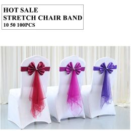 Sashes Hot Sale Wedding Banquet Stretch Chair Sash Tie Bow Lycra Spandex Band For Chair Cover Decoration