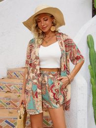 Paisley Print Summer Casual Two-piece Set Open Front Short Sleeve Top Tie Front Shorts Outfits Womens Clothing 240423