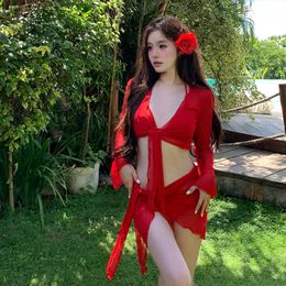 Women's Swimwear 2024 New Four Piece Sexy Swimsuit Womens New Year Red Chest Gathers to Show Weight and Cover the Belly Holiday Hot Spring 3