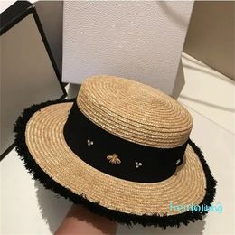 Bee Flat Straw Hats with Diamond Women Hand Woven Straw Wide Brim Hats Adult Outdoor Travel Beach Sun Hats