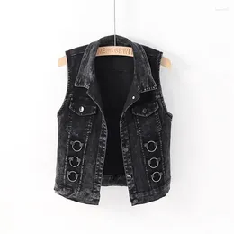 Women's Vests Black White Washed Denim Waistcoat Jackets Spring Autumn Vintage Jeans Coat Lace-up Outerwear Lady Casual Tops